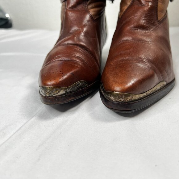 Vintage Zodiac Leather Boots Western Boho Mid-Calf Toe Taps Straps Brown 8.5 - Picture 4 of 12